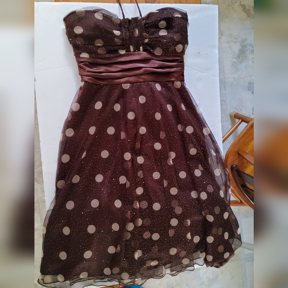 City Triangles Brown Strapless Polka Dot Dress With Ribbob Tie In The Back